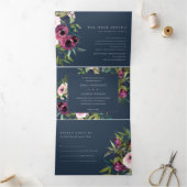 BRIGHT BLUSH BURGUNDY NAVY FLORAL BUNCH WEDING DRIELUIK UITNODIGING (Binnen)