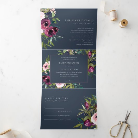 BRIGHT BLUSH BURGUNDY NAVY FLORAL BUNCH WEDING DRIELUIK UITNODIGING (Binnen)