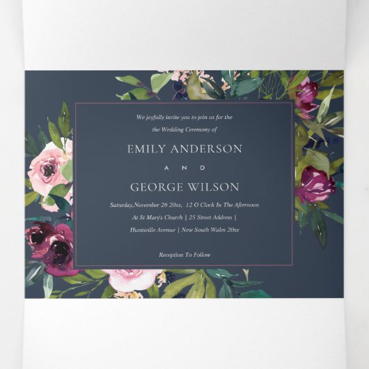 BRIGHT BLUSH BURGUNDY NAVY FLORAL BUNCH WEDING DRIELUIK UITNODIGING (Binnenkant midden)