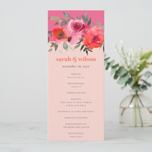 Bright Boho Hot Pink Floral bruiloft programma (Staand voorkant)