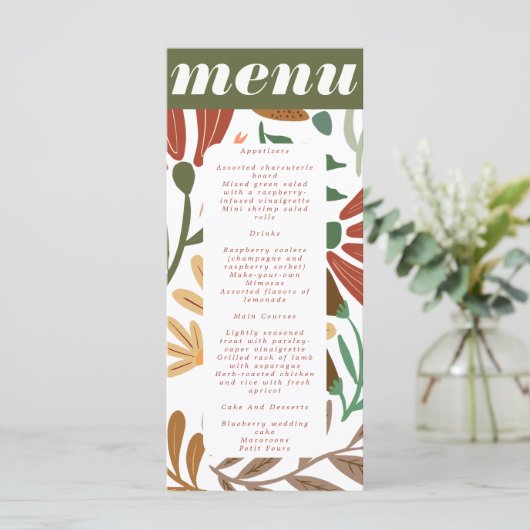 Bright Boho Terracotta Abstracte Floral Wedding Menu (Staand voorkant)
