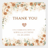 Bright Boho Terracotta Floral Wedding Dank u Vierkante Sticker (Voorkant)