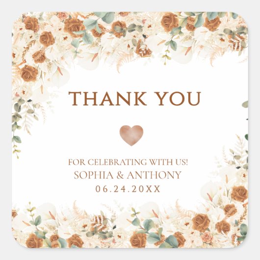 Bright Boho Terracotta Floral Wedding Dank u Vierkante Sticker (Voorkant)
