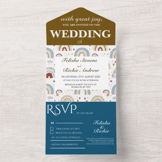 Bright Boho Terracotta Rainbows Bruiloft All In One Uitnodiging (Binnen)