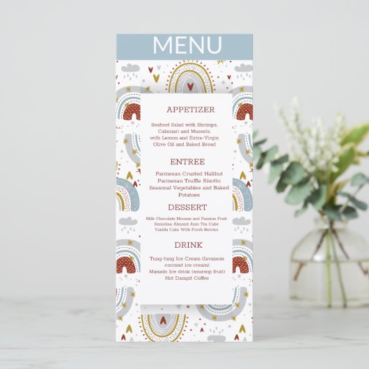 Bright Boho Terracotta Rainbows Bruiloft Menu (Staand voorkant)
