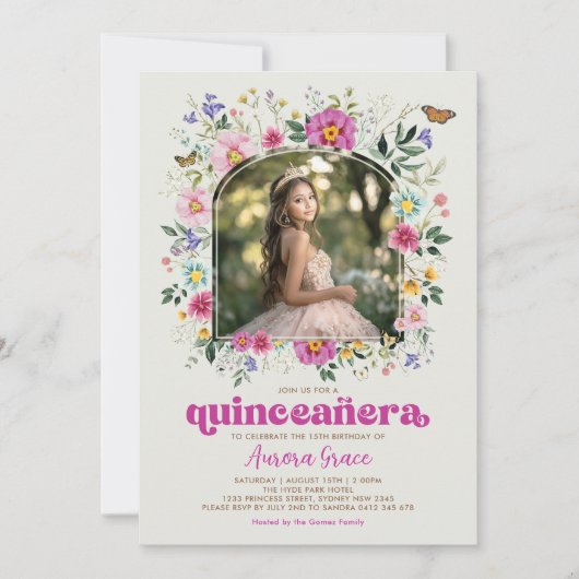 Bright Boho Wildflower Butterfly Quinceañera Party Kaart (Voorkant)