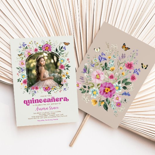 Bright Boho Wildflower Butterfly Quinceañera Party Kaart
