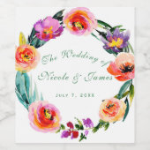 Bright Bold Floral Wreath Waterverf Custom Wine Wijn Etiket (Enkel label)