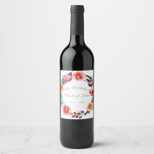 Bright Bold Floral Wreath Waterverf Custom Wine Wijn Etiket (Voorkant)