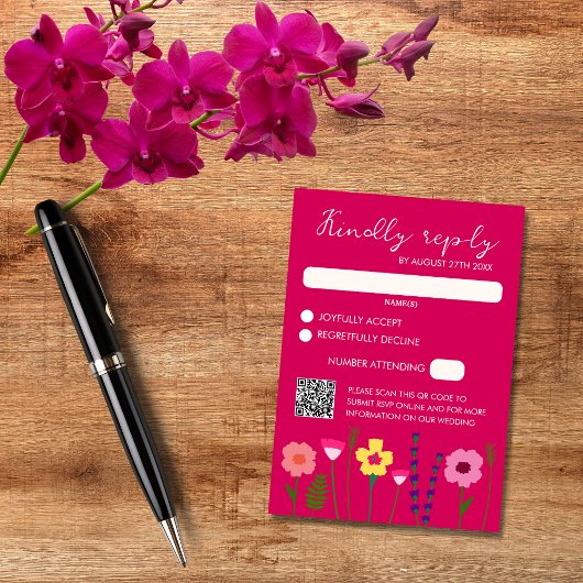 Bright & Bold Fuchsia Roze Bloemen Bruiloft QR Cod RSVP Kaartje