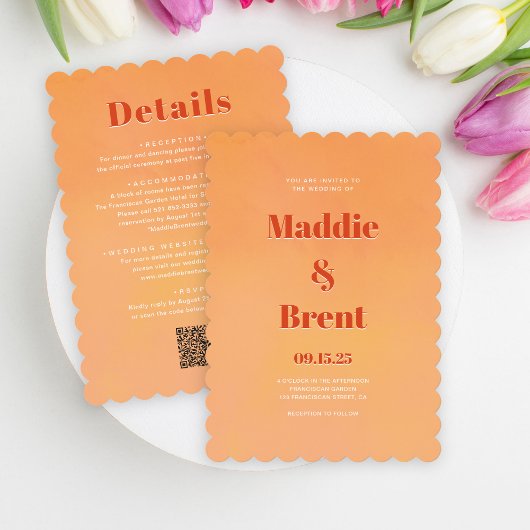 Bright & Bold Gradient Sinaasappel QR Code Wedding Kaart