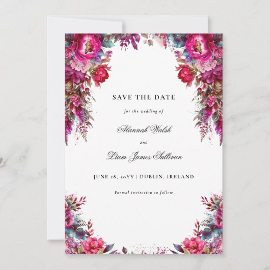 Bright Bold Magenta Bloemen & Foto Bruiloft Save The Date (Voorkant)