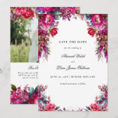 Bright Bold Magenta Bloemen & Foto Bruiloft Save The Date (Voorkant / Achterkant)