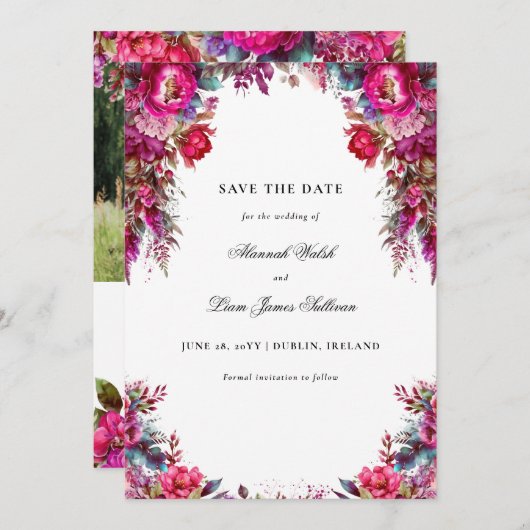 Bright Bold Magenta Bloemen & Foto Bruiloft Save The Date (Voorkant / Achterkant)