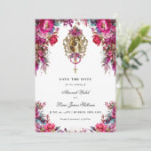 Bright Bold Magenta Bloemen & Foto Bruiloft Save The Date (Staand voorkant)