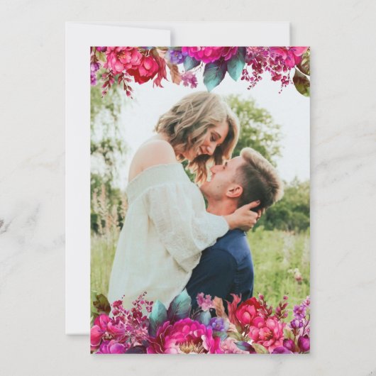 Bright Bold Magenta Bloemen & Foto Bruiloft Save The Date (Achterkant)