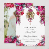 Bright Bold Magenta Bloemen & Foto Bruiloft Save The Date (Voorkant / Achterkant)