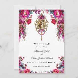 Bright Bold Magenta Bloemen & Foto Bruiloft Save The Date