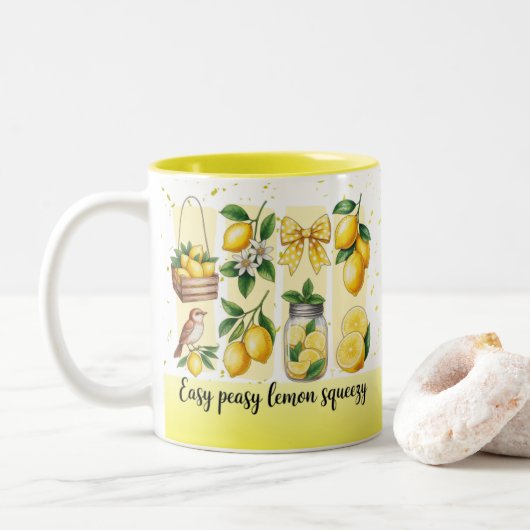 Bright Bold Preppy Lemon Summer Vibes Tweekleurige Koffiemok (Met donut)