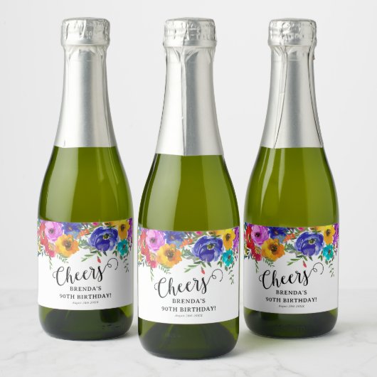 Bright & Bold Waterverf Bloemen Verjaardags Proost Sparkling Wijnetiket (Flessen)
