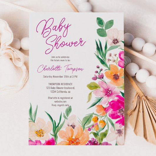 Bright bold wilde bloemen script baby shower kaart
