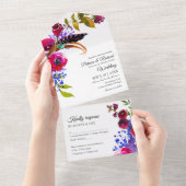 Bright Bourgogne Floral Monogram Elegante bruiloft All In One Uitnodiging (Afscheurbaar)