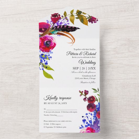 Bright Bourgogne Floral Monogram Elegante bruiloft All In One Uitnodiging (Binnen)