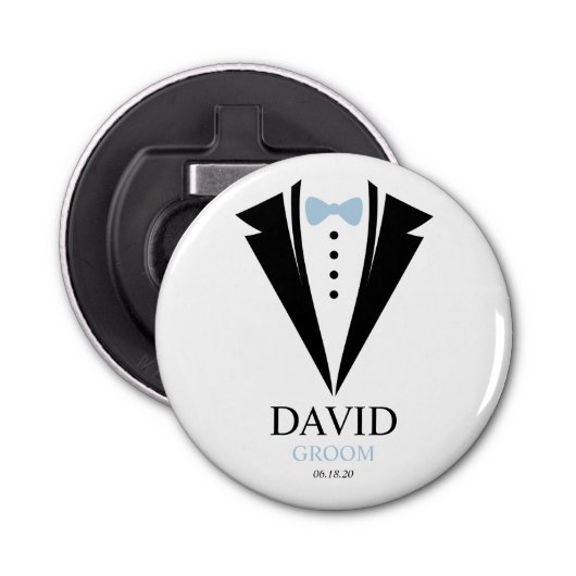 Bright Bow Stropdas Tuxedo "Groom" gepersonaliseer Button Flesopener (Voorkant)