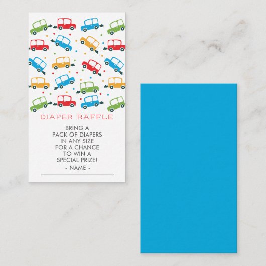 Bright Cars Boy Baby shower Luier Raffle Ticket Informatiekaartje (Voorkant / Achterkant)
