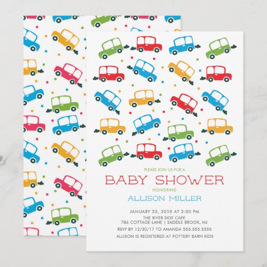 Bright Cars Oh Boy Baby shower Invitation Kaart (Voorkant / Achterkant)