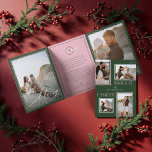Bright Cheer Minimal Modern Wavy Fotocollage Drieluik Wenskaart<br><div class="desc">Vier het seizoen met onze "Bright Cheer" drievoudige familiefoto collage-vakantiepas, een perfecte mix van minimale moderne retro-stijl. Dit ontwerp, in groen en roze, heeft een chique golvende retro-rand die de geest van nostalgie en vreugde inkapselt. De combinatie van modern script en seriële tekst voegt een vleugje elegantie en sophisticatie toe,...</div>