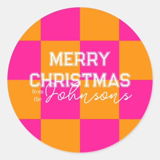 Bright Christmas Check Hot Pink Sinaasappel Ronde Sticker (Voorkant)