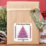 Bright Christmas Gift Label Design<br><div class="desc">Een prachtig verpakt geschenk zit op een feestelijk oppervlak,  versierd met een levendige sticker met een grillige roze kerstboom.</div>
