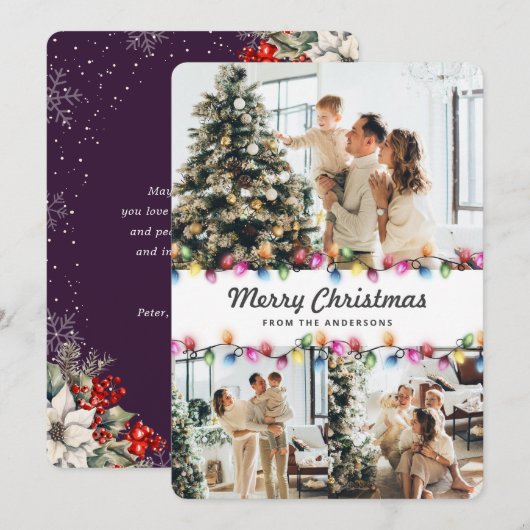 Bright Christmas Lights Purple Botanical Photo Feestdagenkaart (Voorkant / Achterkant)