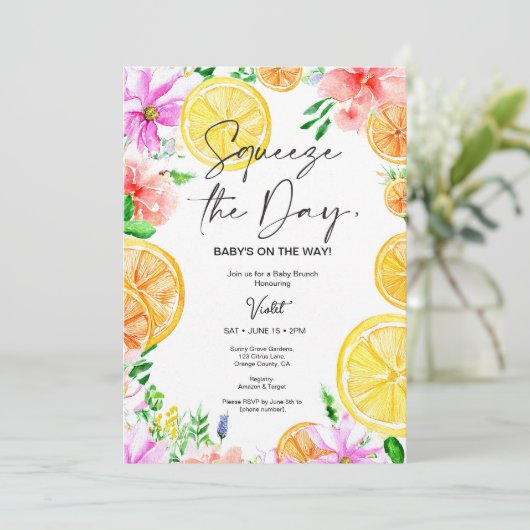 Bright Citrus Floral Baby shower Brunch Uitnodigin Kaart (Staand voorkant)