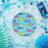 Bright Colorful Cartoon Fish Pattern Blue Papieren Bordje (Feest)