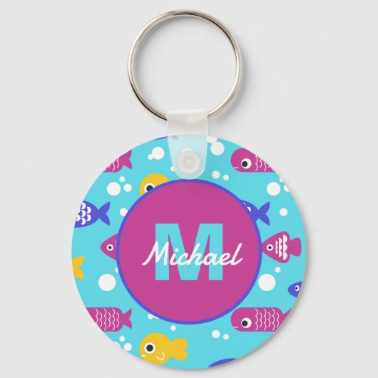 Bright Colorful Cartoon Fish Pattern Kids Name Sleutelhanger (Voorkant)