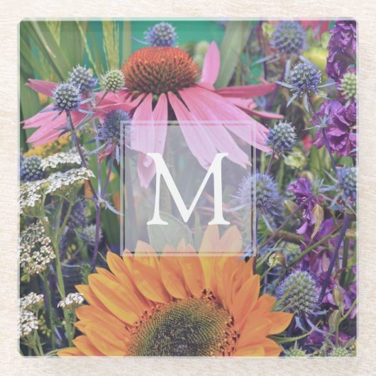 Bright Colorful Monogram Flowers Glazen Onderzetter (Voorkant)