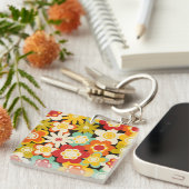 Bright Colorful Retro Cute Floral Pattern Sleutelhanger (Voorkant Rechts)