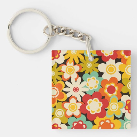 Bright Colorful Retro Cute Floral Pattern Sleutelhanger (Voorkant)