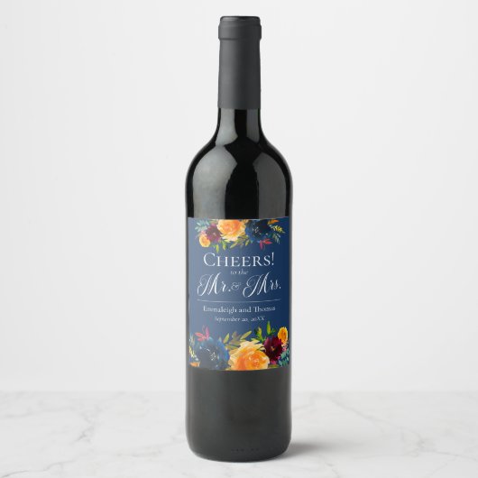 Bright Colours Waterverf Bloemen Bruiloft Wijn Lab Wijn Etiket (Voorkant)