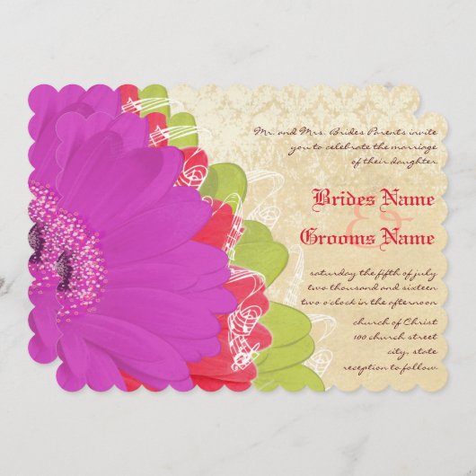 Bright Coral Limoen Paars Gerber Wedding Invite Kaart (Voorkant / Achterkant)