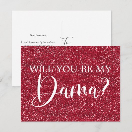 Bright Cranberry Glitter Quinceanera Dama Voorstel Uitnodiging Briefkaart (Voorkant / Achterkant)