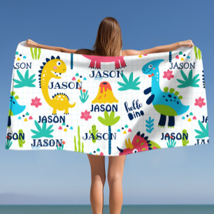 Bright dinosauruspatroon met aangepaste naam badhanddoek