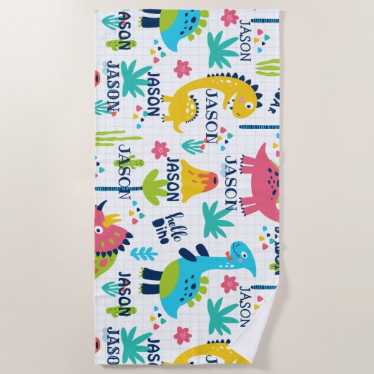 Bright dinosauruspatroon met aangepaste naam strandlaken (Voorkant)