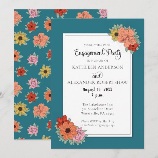 Bright en Bold Blauwgroen Blauw Bloemen Verlovings Kaart (Voorkant / Achterkant)
