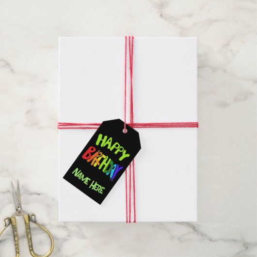 Bright en Happy Birthday Custom Name Cadeaulabel (Met Touw)