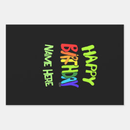 Bright en Happy Birthday Custom Name Inpakpapier Vel