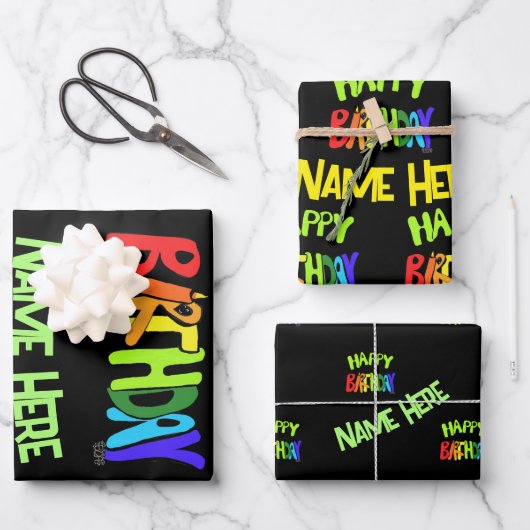 Bright en Happy Birthday Custom Name Inpakpapier Vel (Voorkant)