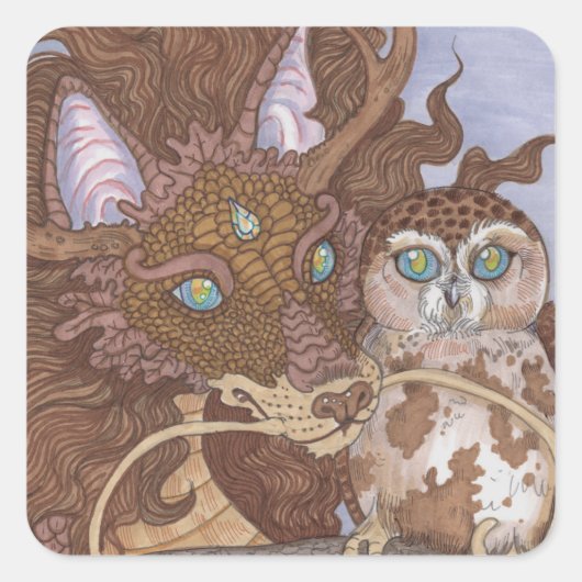 Bright Eyes Owl en Dragon Vierkante Sticker (Voorkant)